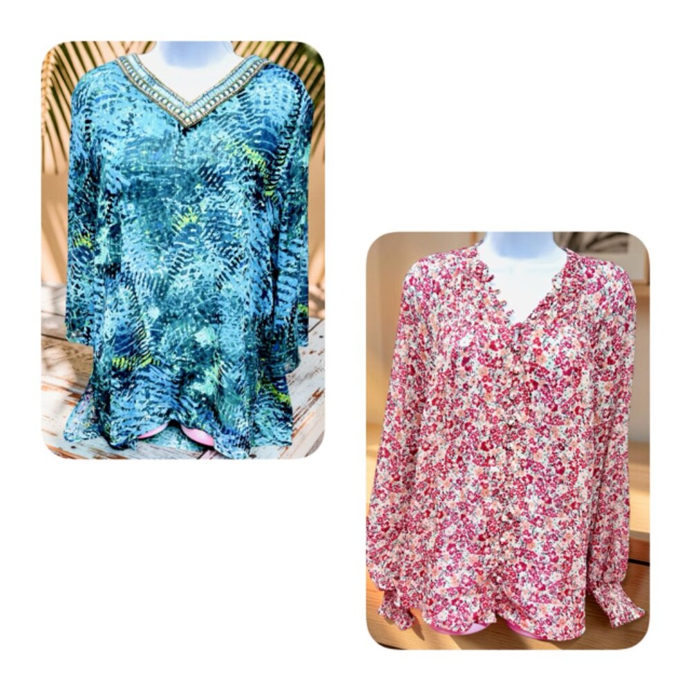 2 Blouses: New Torrid Sz 0 - Peck & Peclk Weekend Floral Long Sleeve (#59